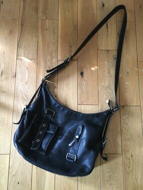 VTG Danier Black Genuine Pebbled Leather Y2K Utility Crossbody Hobo Bag